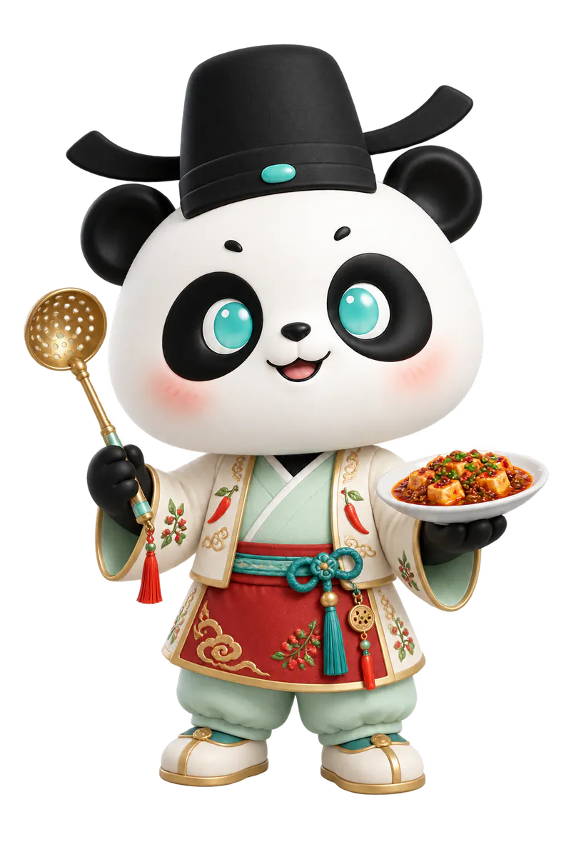 身穿川菜主题服饰、手持漏勺和川菜的夫夫熊猫形象