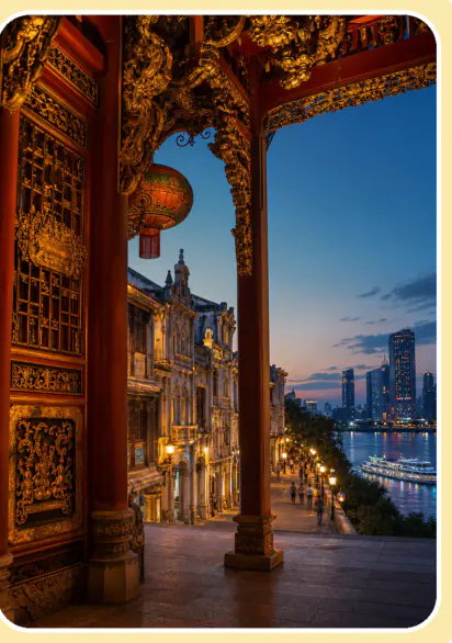 广州岭南建筑与珠江夜色